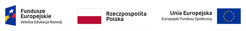 Zestaw trzech logotypów w poziomie. Z lewej strony granatowy czworobok z trzema gwizdami w kolorach żółtym, białym i czerwonym z napisem Fundusze Europejskie Wiedza Edukacja Rozwój. W środku biało-czerwona flaga polska i napis Rzeczpospolita Polska. Po prawej napis Unia Europejska Europejski Fundusz Społeczny oraz flaga Unii Europejskiej: na granatowym tle 12 żółtych gwiazdek tworzących okrąg.