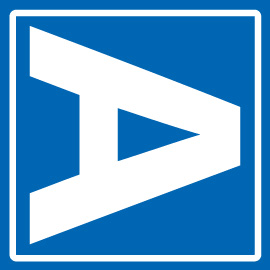 Niebieski kwadrat z białą obwódką, w środku duża litera A obrócona o 90 stopni w prawą stronę.
