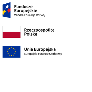 Zestaw trzech logotypów w pionie. U góry granatowy czworobok z trzema gwizdami w kolorach żółtym, białym i czerwonym z napisem Fundusze Europejskie Wiedza Edukacja Rozwój. W środku biało-czerwona flaga polska i napis Rzeczpospolita Polska. Na dole flaga Unii Europejskiej: na granatowym tle 12 żółtych gwiazdek tworzących okrąg oraz napis Unia Europejska Europejski Fundusz Społeczny.