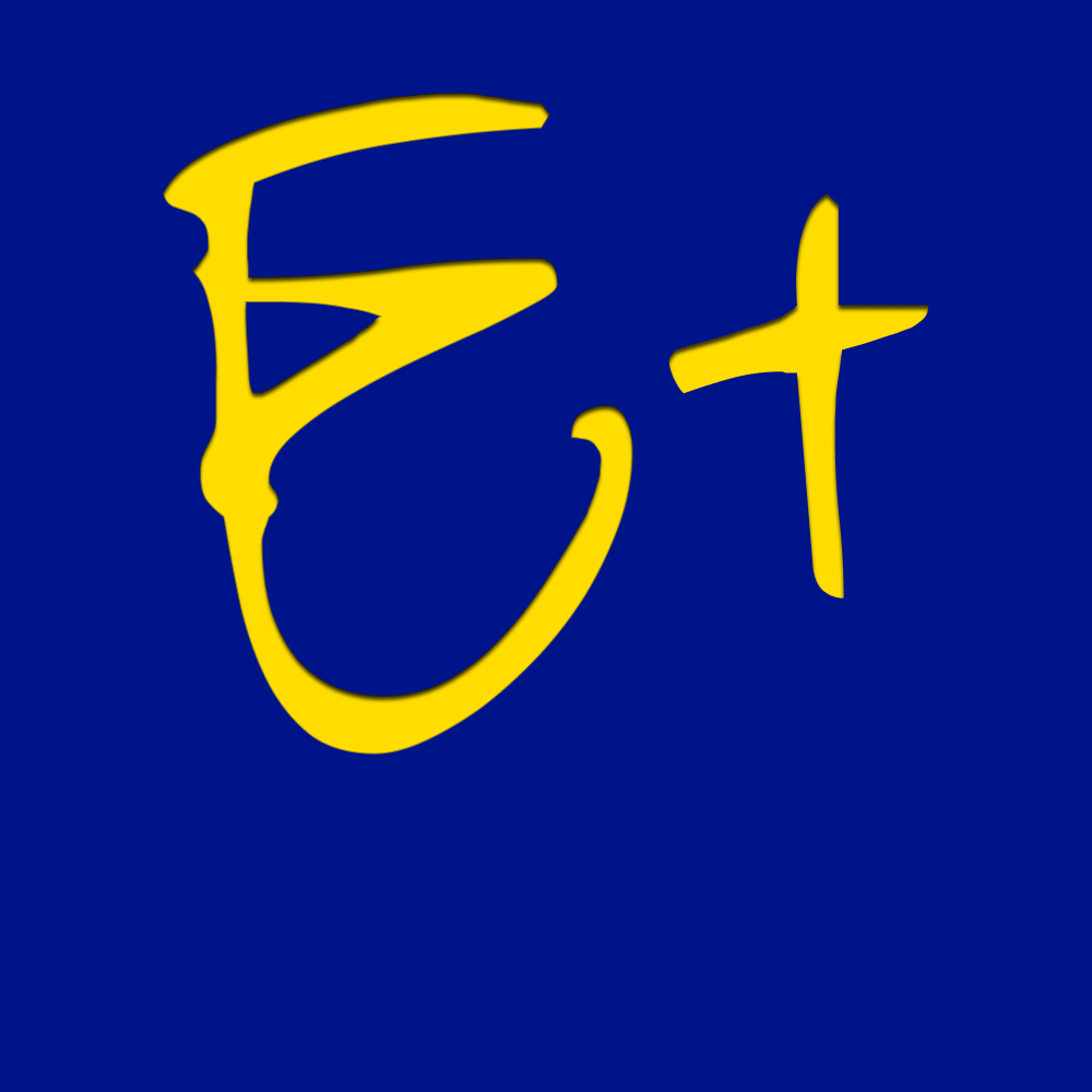 Grafika, na niebieskim tle żółta litera E ze znakiem plus.