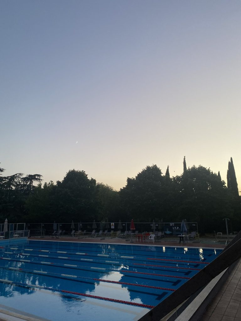 Pusty odkryty basen sportowy na tle drzew i wieczornego nieba z księżycem.
